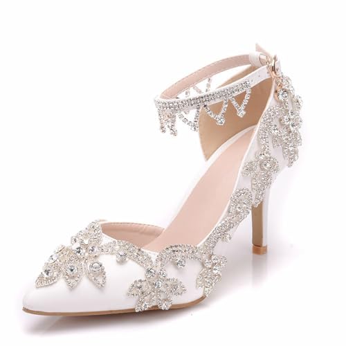 BAIRUNDA Damen Brautschuhe, 8 Cm Weiße Sandalen Strasssteine Hochzeitsschuhe Seitliche Hohle Pumps, Bequeme Schnalle Spitze Zehen Bankett Abendschuhe, 37 EU,White von BAIRUNDA