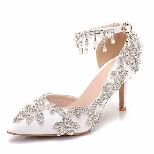 BAIRUNDA Damen Brautschuhe, 8 Cm Weiße Sandalen Strasssteine Hochzeitsschuhe Seitliche Hohle Pumps Bequeme Knöchelriemen-Schnalle, Spitze Zehen Bankett Abendschuhe,34 EU,White von BAIRUNDA