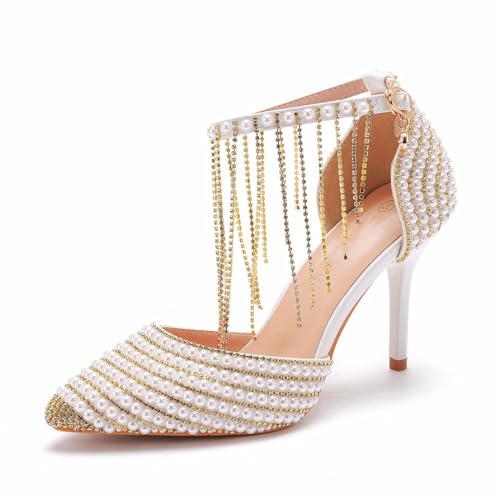 BAIRUNDA Damen Brautschuhe, 9 Cm Gold Quaste Strass High Heels Sandalen Pumps Hochzeit Foto Kleid Bequeme Dünne Absätze Bankett Party, 42 EU,Gold von BAIRUNDA