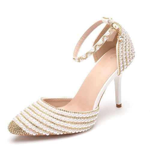 BAIRUNDA Damen Brautschuhe, 9 Cm Goldfarbene Strasssteine High Heels, Sandalen Pumps Hochzeit Foto Kleid Bequeme Dünne Absätze, Bühnenschuhe, 35 EU,Gold von BAIRUNDA