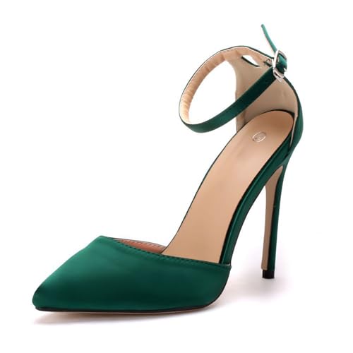 BAIRUNDA Damen High Heels, 11 Cm Satin Hohl Stiletto Sandalen Pumps Hochzeitskleid Bequem Spitzer Zehenbereich Dünne Absätze Party Bankett, Foto, Geschenk Für Erwachsene, 36 EU,Green von BAIRUNDA