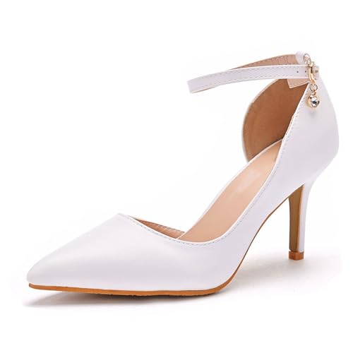 BAIRUNDA Damen High Heels, 8 Cm Weiße Sandalen Seitliche Hohle Pumps Bequeme Schnalle Spitze Zehen, Bankett Abendschuhe, 35 EU,White von BAIRUNDA