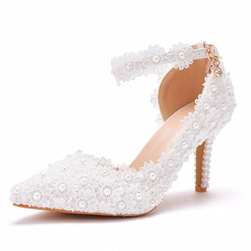 BAIRUNDA Damen High Heels, 8 Cm Weiße Spitzen Blumen Sandalen, Hochzeitsschuhe, Seitliche Hohle Pumps Bequeme Schnalle Spitze Zehen, Bankett Abendschuhe, 35 EU,White von BAIRUNDA