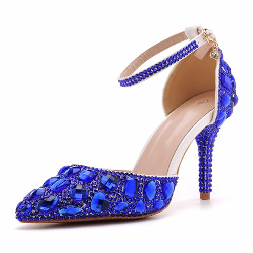 BAIRUNDA Damen High Heels, 9 Cm Blaue Sandalen Pumps Braut Brautjungfer, Hochzeitskleid Bequeme Strasssteine Dünne Absätze Spitzer Zehenbereich, Party, Modellauto-Show, 39 EU,Blue von BAIRUNDA