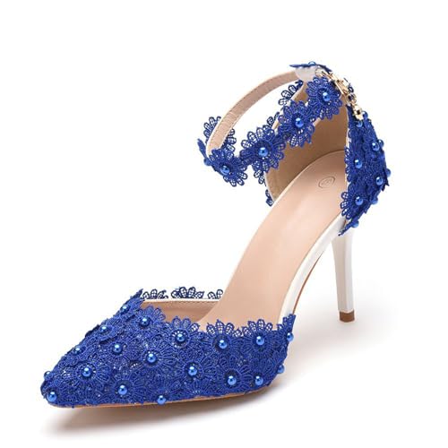 BAIRUNDA Damen High Heels, 9 Cm Blaue Spitze Blumen Sandalen Pumps Braut Brautjungfer Hochzeitskleid Bequeme Dünne Absätze Spitzer Zehenbereich, Geschenk Für Erwachsene, 35 EU,Blue von BAIRUNDA