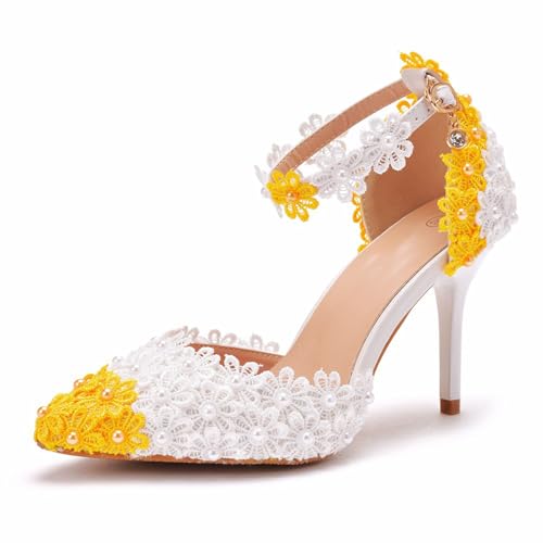 BAIRUNDA Damen High Heels, 9 Cm Farblich Passende Sandalen Pumps Spitze, Blume Bequem Spitze Zehen Dünne Absätze Hochzeitskleid, Party, Bankett, Geschenk Für Erwachsene, 36 EU,White von BAIRUNDA