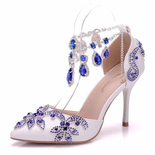 BAIRUNDA Damen High Heels, 9 Cm Weiße Sandalen Pumps Blaue Strasssteine, Bequeme Spitze Zehen Dünne Absätze Hochzeitskleid Party, Bankett, Geschenk Für Erwachsene, 36 EU,White von BAIRUNDA