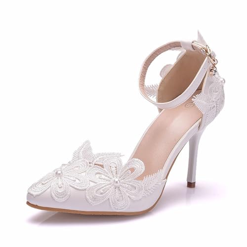 BAIRUNDA Damen High Heels, 9 Cm Weiße Sandalen Pumps Braut Brautjungfer, Hochzeitskleid Bequeme Spitze Blumen Dünne Absätze Spitze Zehen, Auto Show Schuhe, 35 EU,White von BAIRUNDA