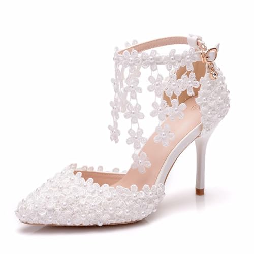 BAIRUNDA Damen High Heels, 9 Cm Weiße Sandalen Pumps Braut Brautjungfer, Hochzeitskleid Bequeme Spitze Blumen Dünne Absätze Spitzer Zehenbereich Party, Foto, Geschenk Für Erwachsene, 35 EU,White von BAIRUNDA