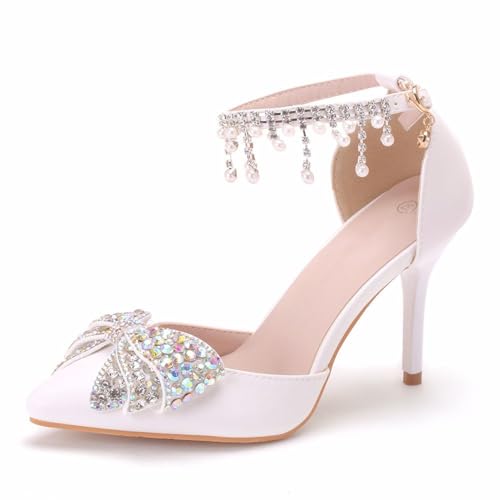 BAIRUNDA Damen High Heels, 9 Cm Weiße Sandalen Pumps Braut Brautjungfer Hochzeitskleid Bequeme Strass Schleife, Dünne Absätze Spitzer Zehenbereich Geschenk Für Erwachsene, 36 EU,White von BAIRUNDA