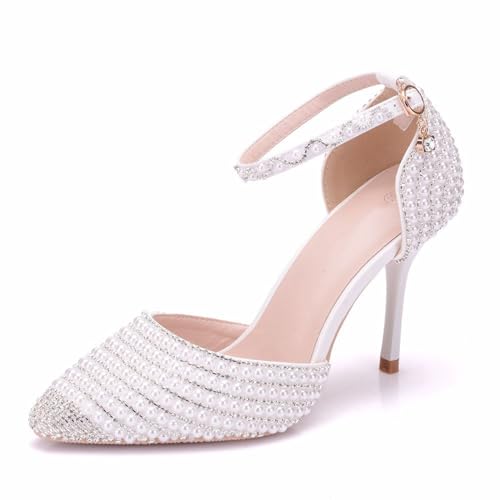 BAIRUNDA Damen High Heels, 9 Cm Weiße Sandalen Pumps Hochzeitskleid Bühnenaufführung Bequeme Dünne Absätze Bankett Party Foto, Geschenk Für Erwachsene, 41 EU,White von BAIRUNDA