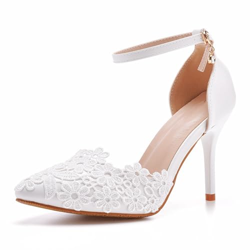 BAIRUNDA Damen High Heels, Weiße Sandalen, Braut Und Brautjungfern Kleiderschuhe Bequeme Pumps, Spitze Blumen Dünne Absätze Spitze Zehen Hochzeit Party, Foto, Geschenk Für Erwachsene, 36 EU,White von BAIRUNDA