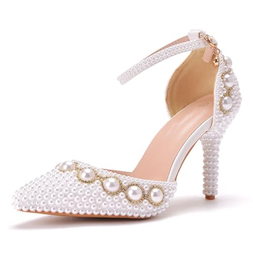 BAIRUNDA Damen High Heels Sandalen, 9 Cm Weiße Perlen Pumps Braut Brautjungfer Hochzeitskleid Bequeme Dünne Absätze Bankett, Party, Foto, Geschenk Für Erwachsene,34 EU,White von BAIRUNDA