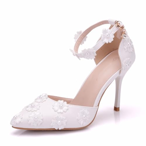 BAIRUNDA Damen High Heels Schuhe, 9 Cm, Weiße Spitze Blumen Sandalen, Pumps Braut Brautjungfer Hochzeitskleid, Bequeme Dünne Absätze, 35 EU,White von BAIRUNDA