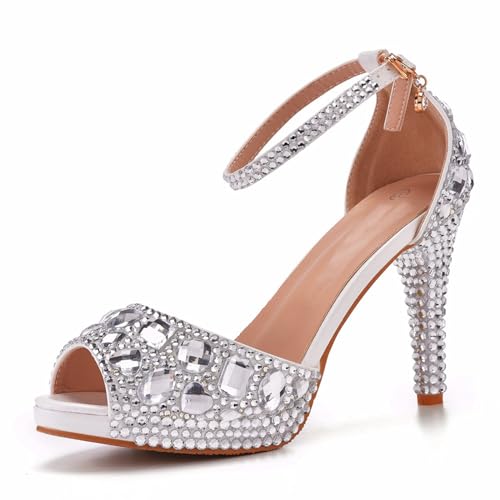 BAIRUNDA Damen Hochzeitsschuhe, 10 Cm Hohe Sandalen Silberne Strass Pumps Bequeme Brautschuhe Fischmaul Wasserplattform, Ballparty, 36 EU,Silver von BAIRUNDA