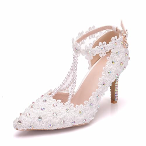 BAIRUNDA Damen Hochzeitsschuhe, 8 Cm Weiße Spitze Netz Blumen Sandalen, Seitliche Hohle Perlen Strasssteine Brautschuhe Pumps Spitze Zehen, Bankett-Abendschuhe, 35 EU,White von BAIRUNDA