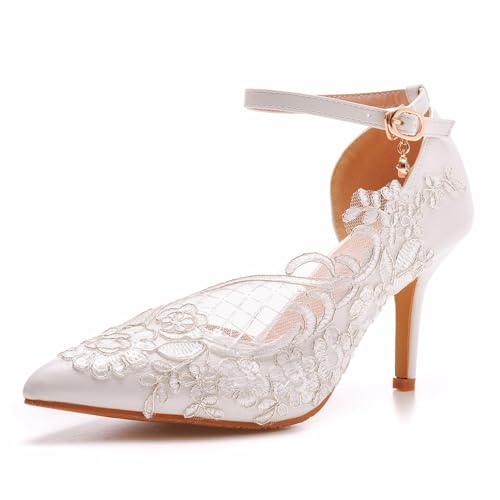 BAIRUNDA Damen Hochzeitsschuhe, 8 Cm Weiße Spitzen Netzblumen Sandalen, Seitlich Hohle High Heels, Brautschuhe Pumps Bequeme Spitze Zehen Bankett Abendschuhe, 40 EU,White von BAIRUNDA