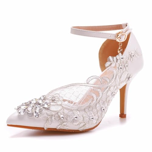 BAIRUNDA Damen Hochzeitsschuhe, 8 Cm Weiße Spitzen Netzblumen Sandalen, Seitlich Hohle Strasssteine Brautschuhe Pumps Bequeme, Spitze Zehen Bankett Abendschuhe, 36 EU,White von BAIRUNDA