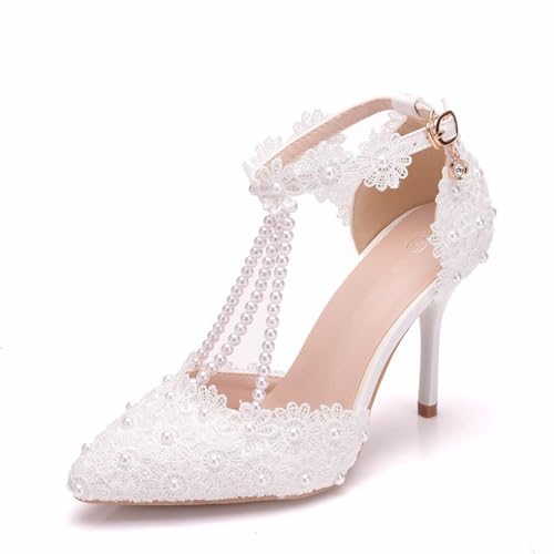 BAIRUNDA Damen Hochzeitsschuhe, 9 Cm, Weiße High Heels Sandalen Pumps, Braut Brautjungfernkleid Spitze Blume Bequem Dünne Absätze Party, Foto, Erwachsene, Geschenk, 35 EU,White von BAIRUNDA