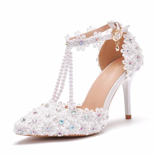 BAIRUNDA Damen Hochzeitsschuhe, 9 Cm, Weiße High Heels Sandalen Pumps Braut Brautjungfernkleid Spitze Blume Bequem Flacher Mund Dünne Absätze, Party, Erwachsene, Geschenk, 39 EU,White von BAIRUNDA