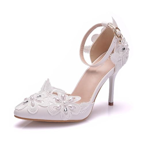 BAIRUNDA Damen Hochzeitsschuhe, 9 Cm Weiße High Heels Sandalen Pumps, Braut Brautjungfernkleid Spitze Blume Bequem Dünne Absätze, Party, Modellauto-Show, 37 EU,White von BAIRUNDA