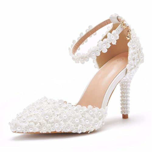 BAIRUNDA Damen Hochzeitsschuhe, 9 Cm Weiße High Heels Sandalen Pumps, Braut Brautjungfernkleid Spitze Blume Bequem Dünne Absätze Bankett, Party, Erwachsene, Geschenk, 36 EU,White von BAIRUNDA