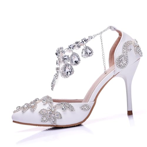 BAIRUNDA Damen Hochzeitsschuhe, 9 Cm Weiße High Heels Sandalen Pumps, Braut Und Brautjungfernkleid Flacher Mund Bequeme Dünne Absätze, Bankett, Party, Foto,34 EU,White von BAIRUNDA