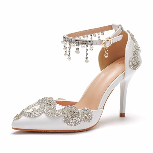 BAIRUNDA Damen Hochzeitsschuhe, 9 Cm Weiße Sandalen Pumps Braut Brautjungfernkleid Quaste Strasssteine Bequeme High Heels, Spitze Zehen Party Bankett Erwachsene, Geschenk, 36 EU,White von BAIRUNDA