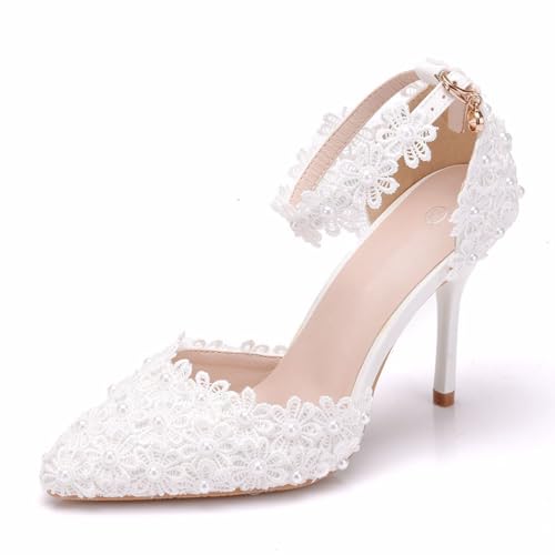 BAIRUNDA Damen Hochzeitsschuhe, 9 Cm Weiße Spitze Blumen High Heels Sandalen Pumps Braut Brautjungfernkleid Bequeme Dünne Absätze, Party, Modellauto-Show, 36 EU,White von BAIRUNDA