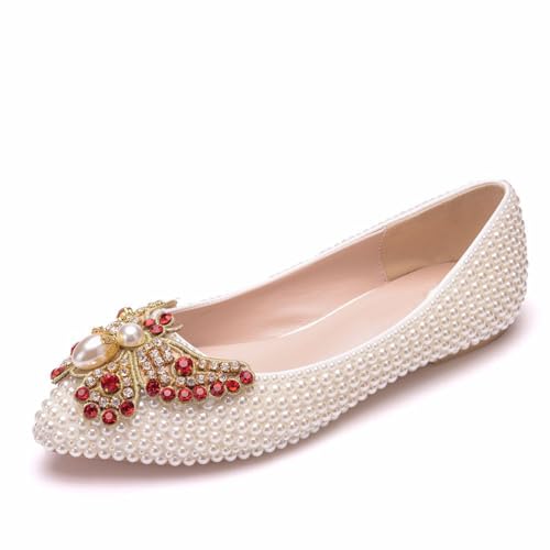 BAIRUNDA Damen-Hochzeitsschuhe, Flach Spitzer Zehenbereich Schleife Perle Strass Braut Brautjungfer Schuhe, Flacher Mund Bequem Niedriger Absatz, Party, Tanz, Foto, 35 EU,Beige von BAIRUNDA