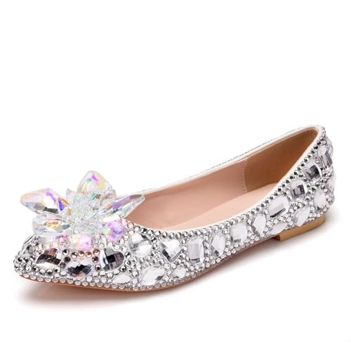 BAIRUNDA Damen Hochzeitsschuhe, Flach Spitzer Zehenbereich Strass Braut Und Brautjungfernschuhe Flacher Mund Bequem Niedriger Absatz, Party, Tanz, Foto, Erwachsene, Geschenk, 41 EU,White von BAIRUNDA