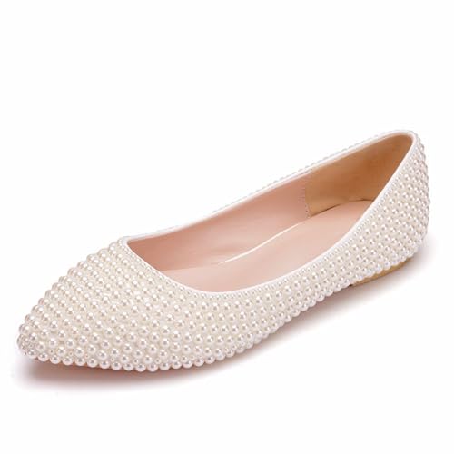 BAIRUNDA Damen Hochzeitsschuhe, Geschlossener Zehenbereich Flache Handgefertigte Perlen Damenschuhe Erwachsene Geschenk Schuhe, Brautschuhe, Lässige Umstandsschuhe Mit Niedrigem Absatz, 37 EU,Beige von BAIRUNDA