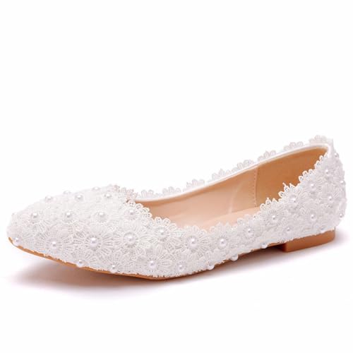 BAIRUNDA Damen Hochzeitsschuhe, Weiß Geschlossene Zehen Flache Spitze Blumen Flache Schuhe Bequeme Brautschuhe Lässig Niedrige Absätze, Geschenk Für Erwachsene, 41 EU,White von BAIRUNDA