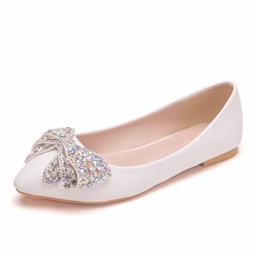 BAIRUNDA Damen Hochzeitsschuhe, Weiße, Flache, Flache Mundschuhe Und Bequeme Brautschuhe Fliege Strasssteine Niedrige Absätze Freizeitschuhe, Geschenk Für Erwachsene,34 EU,White von BAIRUNDA