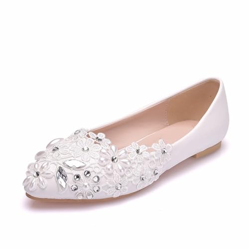 BAIRUNDA Damen Hochzeitsschuhe, Weiße Flache Schuhe Und Bequeme Brautschuhe, Spitze Strass Spitze Blumen Erwachsenen Geschenk, Freizeitschuhe Mit Niedrigem Absatz, 38 EU,White von BAIRUNDA