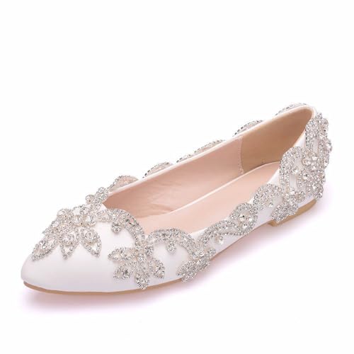 BAIRUNDA Damen Hochzeitsschuhe, Weiße Flache Spitze Zehen Strass Glas Hausschuhe Brautkleid Schuhe Bequeme Flache Öffnung Niedrige Absätze Freizeitschuhe, Geschenk Für Erwachsene, 35 EU,White von BAIRUNDA