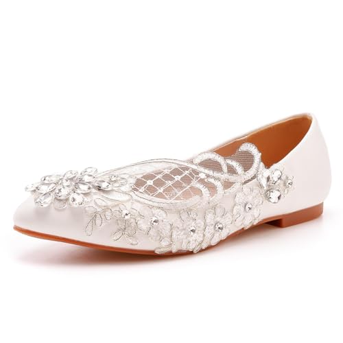 BAIRUNDA Damen Hochzeitsschuhe, Weiße Spitze Blumen Brautschuhe Flacher Mund Und Bequeme Strasssteine Niedrige Absätze Freizeitschuhe, Geschenk Für Erwachsene, 37 EU,White von BAIRUNDA