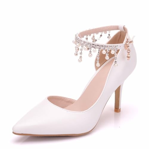 BAIRUNDA Damen Pumps, 8 Cm, Weiße Sandalen Quastenperlen Seitliche Hohle Pumps Bequeme Knöchelriemen Schnalle Spitzer Zehenbereich, Foto Für Erwachsene, Geschenke, 35 EU,White von BAIRUNDA