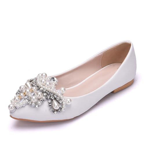 BAIRUNDA Flache Damenschuhe, Weiße Perlen Strass Brautschuhe, Flacher Mund Bequem Niedriger Absatz Hochzeitsschuhe Dinner Party, Freizeitschuhe Geschenk Für Erwachsene, 40 EU,White von BAIRUNDA