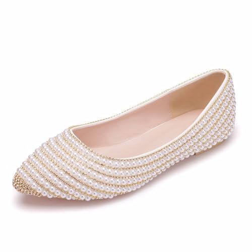 BAIRUNDA Flache Damenschuhe, Weiße Perlen Strasssteine Brautschuhe Flacher Mund Bequem Niedriger Absatz Hochzeit Party Tanz, Foto, Freizeitschuhe, Geschenk Für Erwachsene, 35 EU,Gold von BAIRUNDA