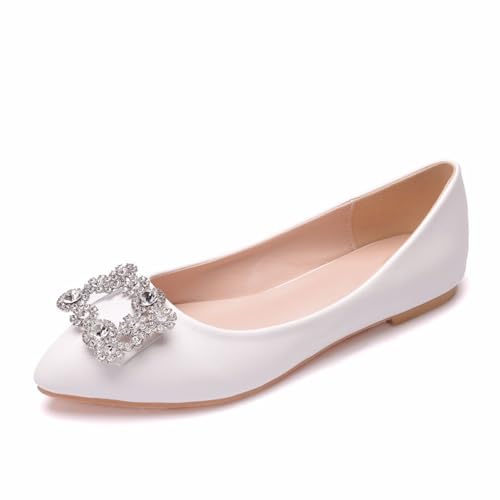 BAIRUNDA Flache Damenschuhe, Weiße Quadratische Schnalle Strass Brautschuhe Hochzeit Jährliche Autoshow Tanzmodell Freizeitschuhe Mit Niedrigem Absatz, Geschenk Für Erwachsene, 35 EU,White von BAIRUNDA