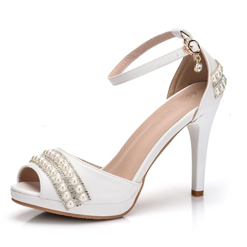 BAIRUNDA Hochzeitsschuhe Für Damen, 10 Cm Weiße High Heels Sandalen, Perlen Hohlpumps Bequeme Fischmaul Wasser Plattform Schnalle, Geschenke Für Erwachsene, 36 EU,White von BAIRUNDA