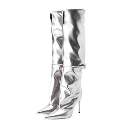 BAIRUNDA Kniehohe Damenstiefel, 12 Cm Hoher Stiefel Große Größe Einfarbig Bequeme Stilettos Spitze Zehen Lange Stiefel Für Die Tägliche Freizeit, Party, 42 EU,Silver von BAIRUNDA