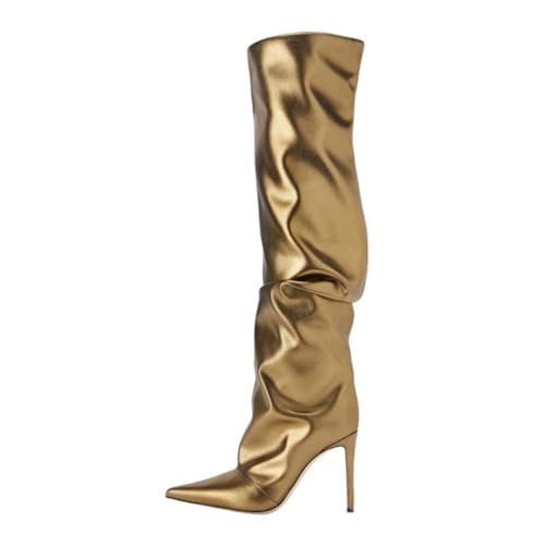 BAIRUNDA Kniehohe Damenstiefel, 12 Cm Hoher Stiefel Große Größe Einfarbig Bequeme Stilettos Spitze Zehen Lange Stiefel Für Die Tägliche Freizeit, Party,35 EU,Gold von BAIRUNDA