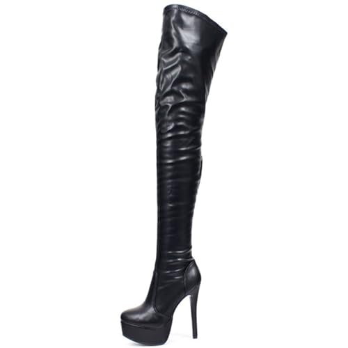 BAIRUNDA Overknee Stiefel Für Damen, 14 Cm Hohe Stiefel Mit Dickem Boden Große Stilettos Hohe Absätze Wasserplattform Seitlicher Reißverschluss Spitze Zehen, Lange Stiefel, 37 EU,Black von BAIRUNDA