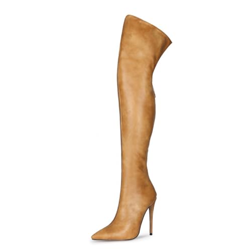 BAIRUNDA Overknee Stiefel Für Damen, Einfarbig Hohe Damenstiefel Große Größe Stilettos High Heels, Reißverschluss Hinten Spitze Zehen Lange Stiefel, 12cm/4.72 Inch, 35 EU, Camel von BAIRUNDA