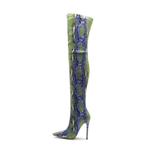 BAIRUNDA Overknee Stiefel Für Damen, Elastische Stiefel, Große Damen Stiefel Mit Schlangenmuster Hohe Stiefel Stilettos Hohe Absätze Spitze Zehen, Lange Stiefel, 12cm/4.72 Inch, 36 EU,Green von BAIRUNDA