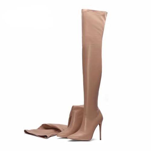 BAIRUNDA Overknee Stiefel Für Damen, Elastische Stiefel Große Größe Einfarbig, Hohe Stiefel Stilettos Hohe Absätze Spitze Zehen Lange Stiefel, 12cm/4.72 Inch, 43 EU,Apricot von BAIRUNDA