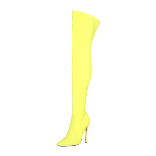 BAIRUNDA Overknee Stiefel Für Damen, Elastische Stoffe Stiefel Hohe Damen Stiefel Stilettos Hohe Absätze Spitze Zehen Lange Stiefel, 12cm/4.72 Inch, 35 EU, Yellow von BAIRUNDA