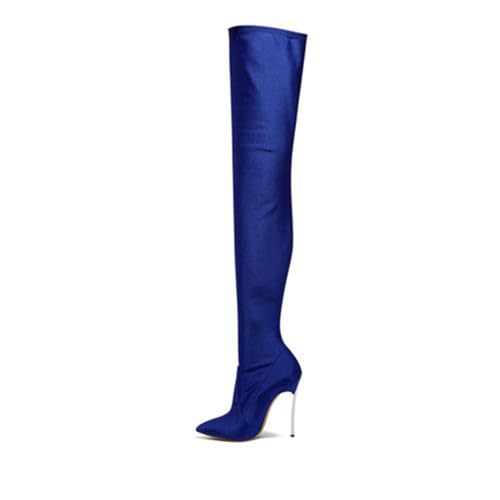 BAIRUNDA Overknee Stiefel Für Damen, Elastische Stoffstiefel Große Damen-hohe Stiefel, Stilettos Hohe Absätze Zum Anziehen Spitze Zehen Lange Stiefel, 12cm/4.72 Inch, 35 EU,Blue von BAIRUNDA